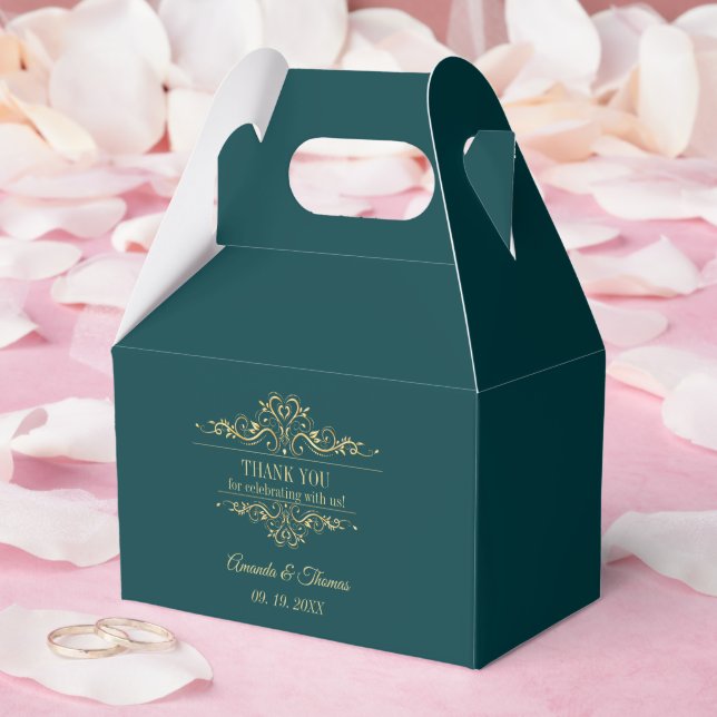 Caja Para Regalos Boda de marco dorado elegante verde gasolina (Boda)