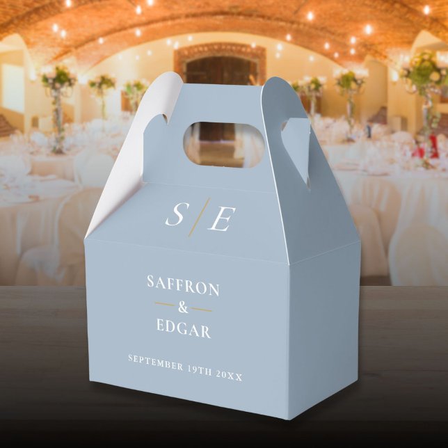 Caja Para Regalos Boda De Monograma Azul Y Oro Dusto (Dusty Blue And Gold Monogram Wedding Favor Boxes)