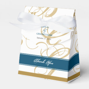 Caja Para Regalos Boda de Monograma con guión elegante azul dorado