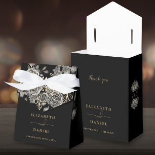 Caja Para Regalos Boda de Monograma Floral Negro y Dorado Gótico