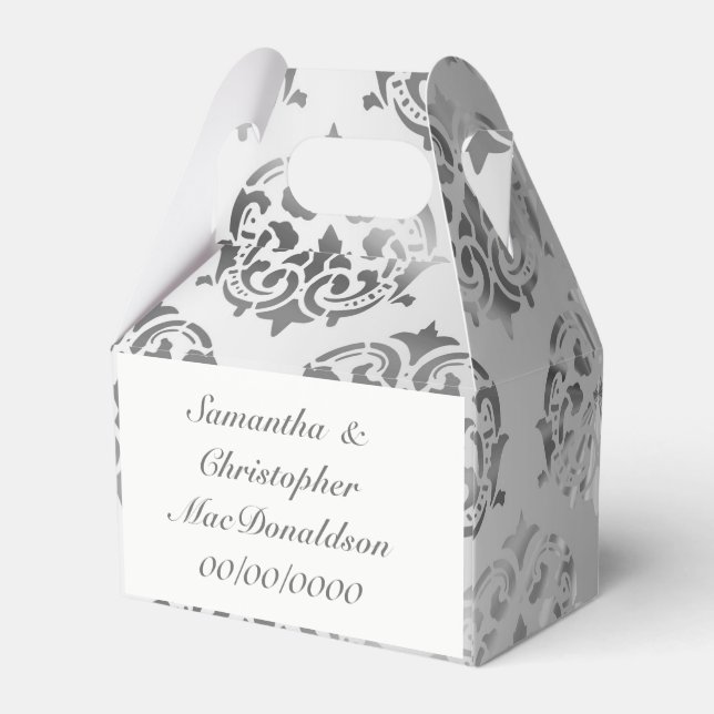 Caja Para Regalos Boda de patrón de damasco gris plateado (Reverso)