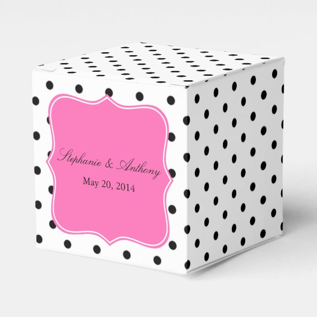 Caja Para Regalos Boda de puntos de polka negro, blanco y rosa (Costado Anverso)