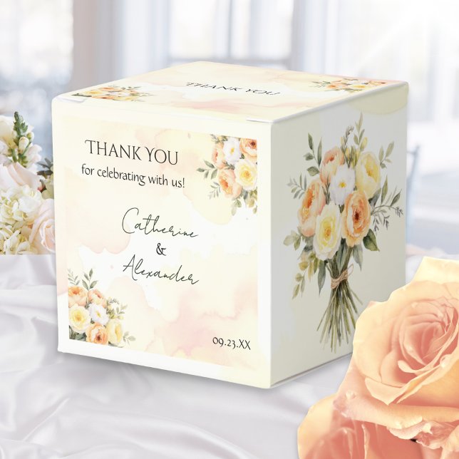 Caja Para Regalos Boda de Rosas de acuarela de Boho Rústico Gracias (A pretty wedding favor box, with peach, white and yellow rose flowers design in a watercolor style)