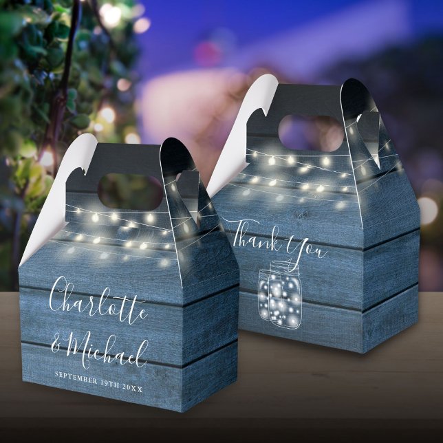 Caja Para Regalos Boda de Rustic Blue Wood String Lights (Rustic Blue Wood String Lights Wedding Favor Box)