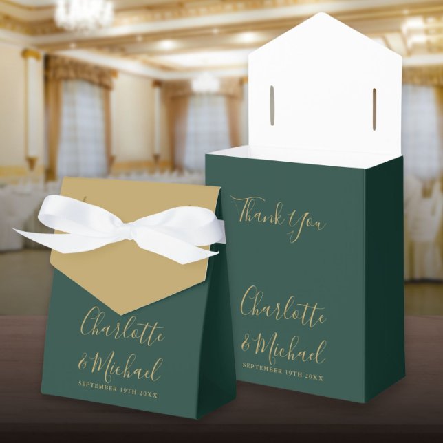 Caja Para Regalos Boda Elegante De Guión Verde Esmeralda Y Dorado (Emerald Green And Gold Script Elegant Wedding Favor Box)