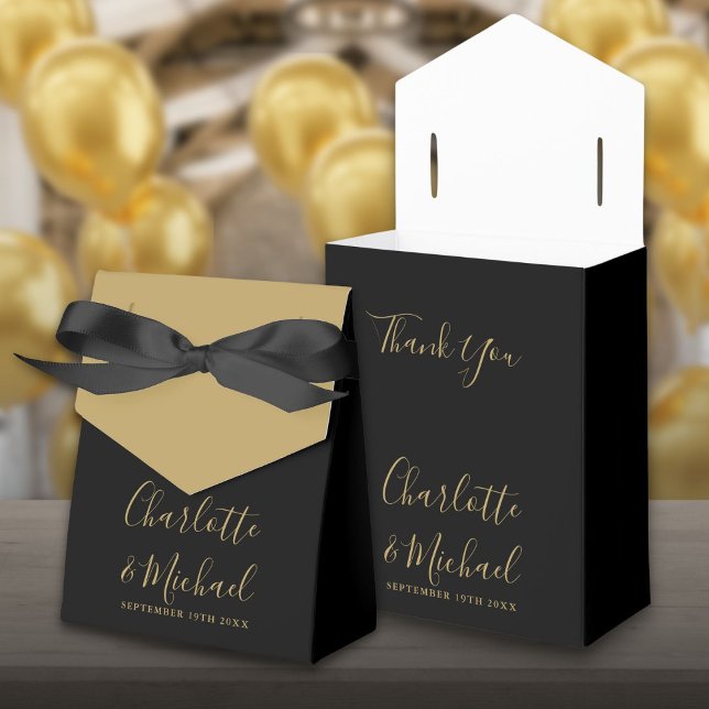 Caja Para Regalos Boda Elegante De Oro Y Guión Negro (Elegant Gold And Black Script Wedding Favor Box)