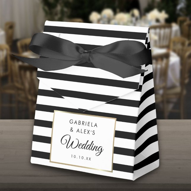 Caja Para Regalos Boda Elegante de Rayas en Blanco y Negro con Dorad (Black And White Stripe Elegant Gold Wedding Favor Box)