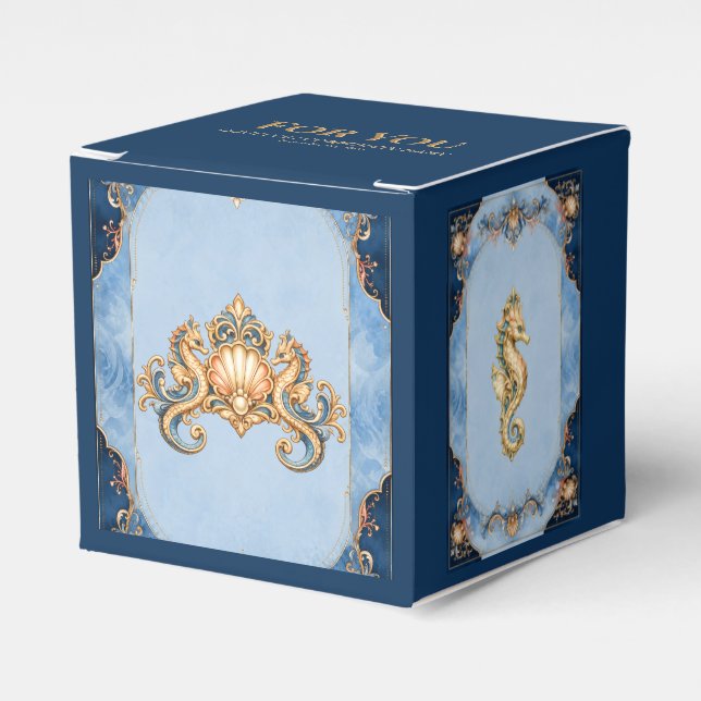 Caja Para Regalos Boda en la playa con caballito de mar EDITABLE con (Costado Anverso)