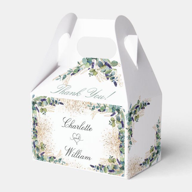 Caja Para Regalos Boda eucalipto purpurina de oro gracias (Front Side)