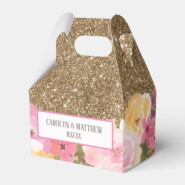 Caja Para Regalos Boda floral acuarela Purpurina dorada (Front Side)