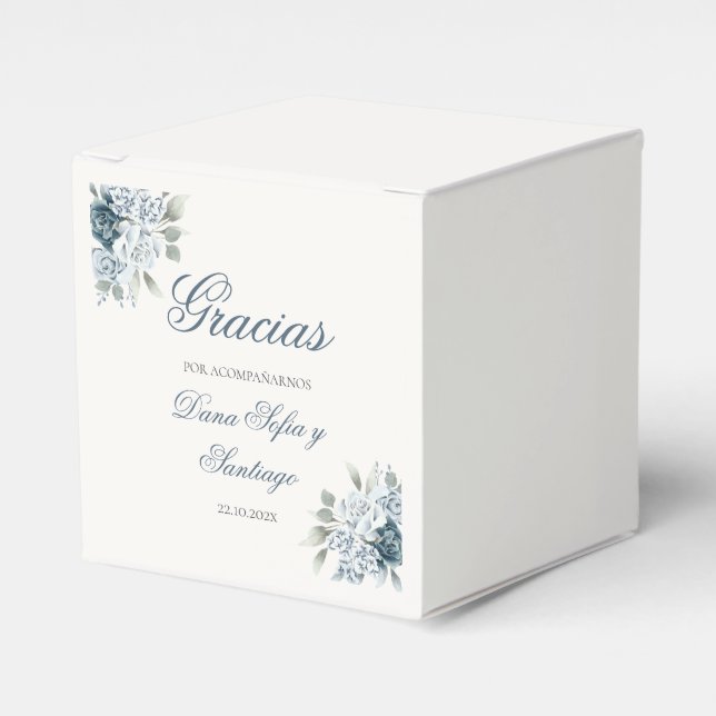 Caja Para Regalos Boda Floral Azul Español (Costado Anverso)