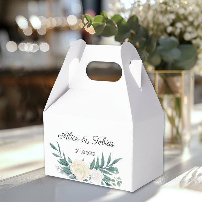 Caja Para Regalos Boda floral elegante verde y blanco (Elegant flowers Green White Favor Boxes with your names and date.)