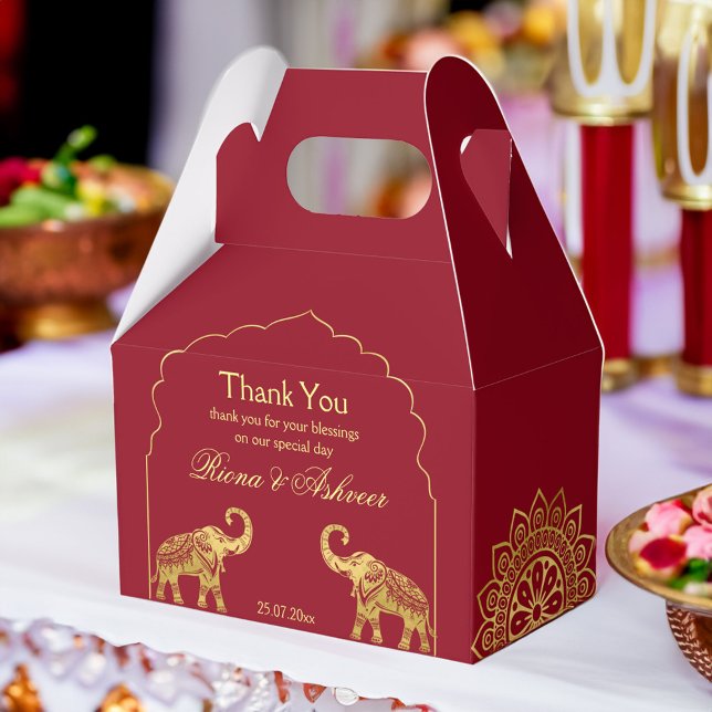 Caja Para Regalos Boda hindú maroon oro mandala elefante (Indian Hindu wedding maroon gold mandala elephant personalized Favor Box)