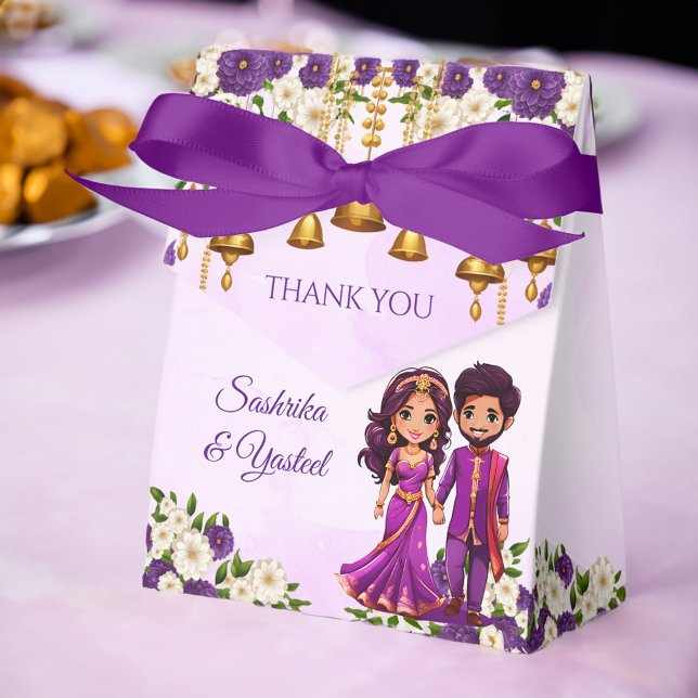 Caja Para Regalos Boda indio Mehndi morada linda pareja de novias (Indian wedding Mehndi Sangeet favors purple flowers cute bridal couple caricature printed Favor Box)