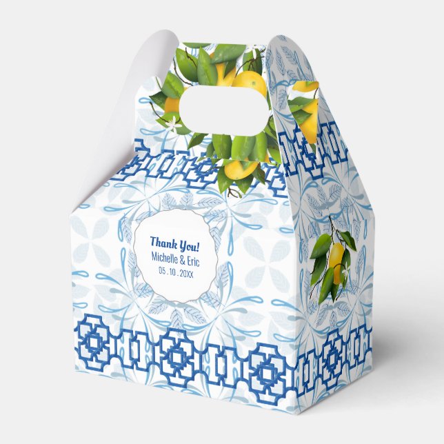 Caja Para Regalos Boda mediterráneo azul y limón blanco (Front Side)