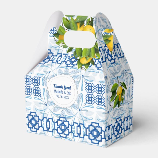 Caja Para Regalos Boda mediterráneo azul y limón blanco (Front Side)