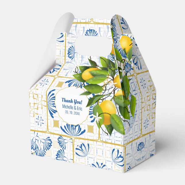 Caja Para Regalos Boda mediterráneo Blue White Tile Lemon (Front Side)