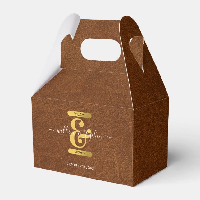 Caja Para Regalos Boda Monograma Antiguo Faux Leather & Gold (Front Side)