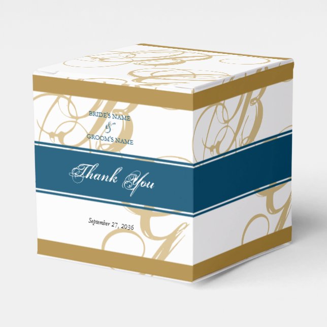 Caja Para Regalos Boda Monograma de Letra Elegante Azul Dorado (Costado Anverso)