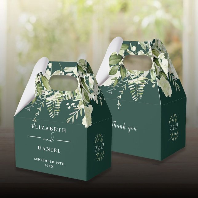 Caja Para Regalos Boda Monograma de vegetación floral esmeralda (Emerald Floral Greenery Monogram Wedding Favor Boxes)