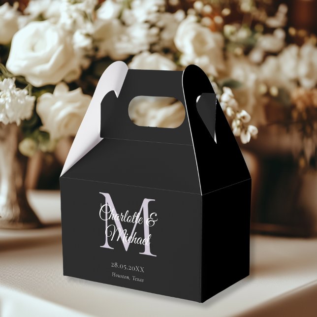 Caja Para Regalos Boda monograma elegante negro (White Elegant Monogram Wedding Favor Boxes, black, light-purple, with your name and date.)