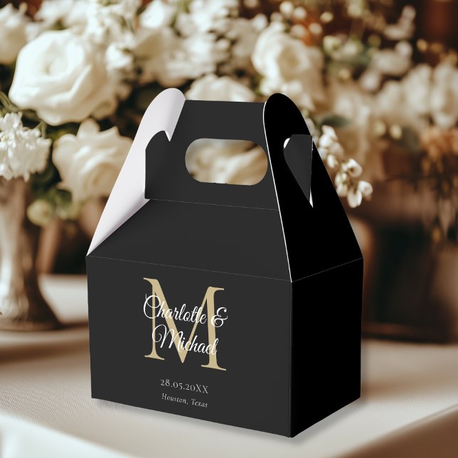 Caja Para Regalos Boda monograma elegante negro (White Elegant Monogram Wedding Favor Boxes, black, beige, gold, with your name and date.)