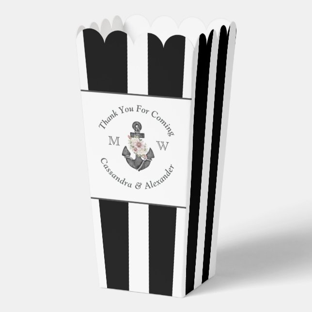 Caja Para Regalos Boda Náutica Ancla Floral Palomitas Negra Blanca (Anverso)