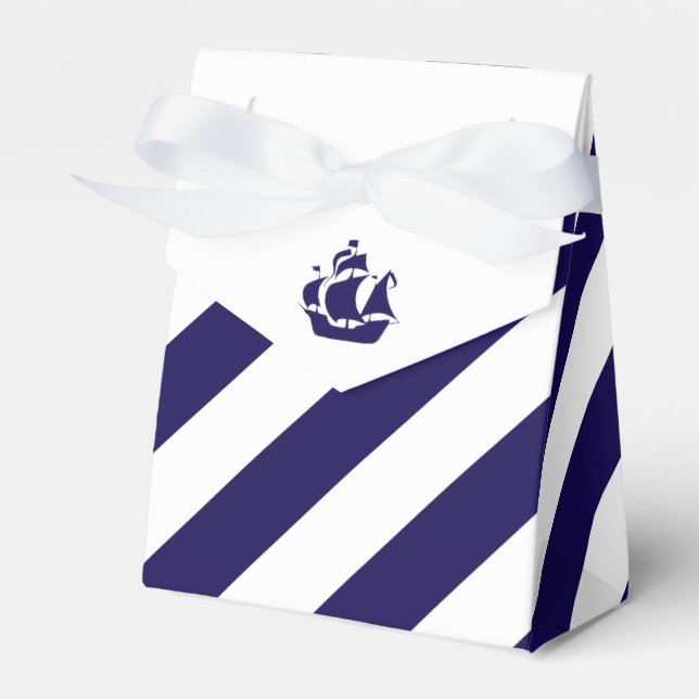 Caja Para Regalos Boda Nautical Stripes & Navy Blue Ship (Front Side)
