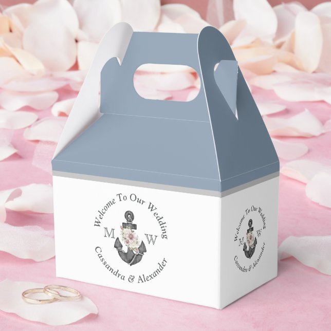 Caja Para Regalos Boda Náutico Dusty Azul Monograma Floral Anclaje (Boda)
