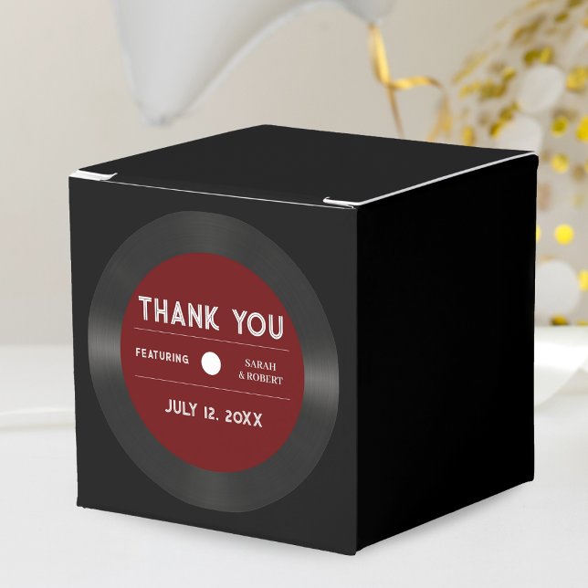 Caja Para Regalos Boda negro récord de vinilo rojo retro gracias (Retro Red Vinyl Record Black Wedding Thank You Favor Box)