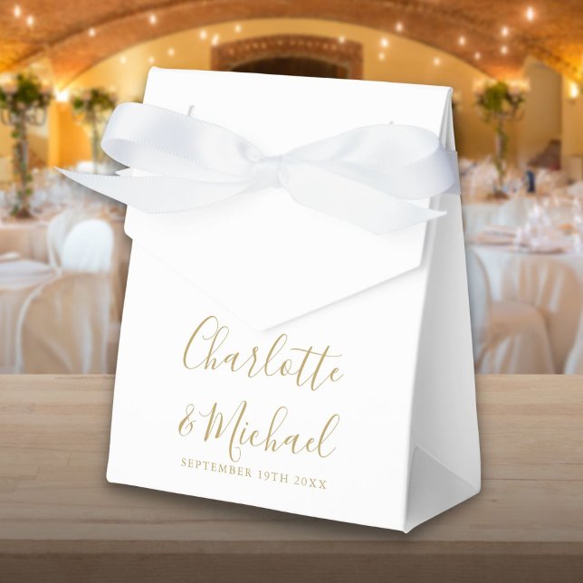 Caja Para Regalos Boda Simple Con Letra Dorada Y Blanca  (Simple Gold And White Script Wedding Favor Box)