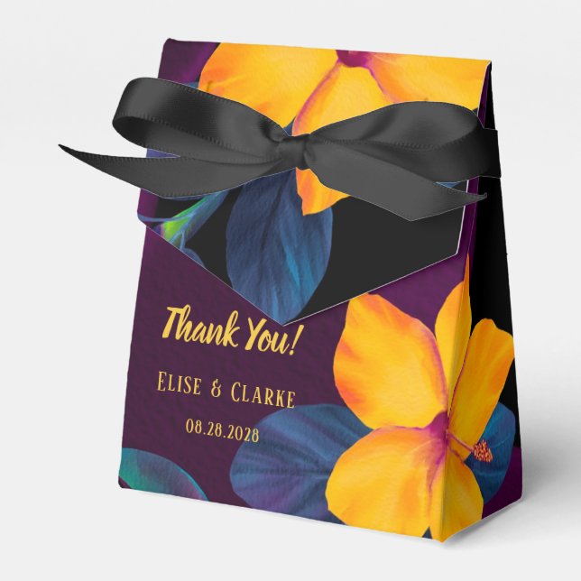 Caja Para Regalos Boda Violeta Tropical Amarillo Hibiscus Gracias (Front Side)