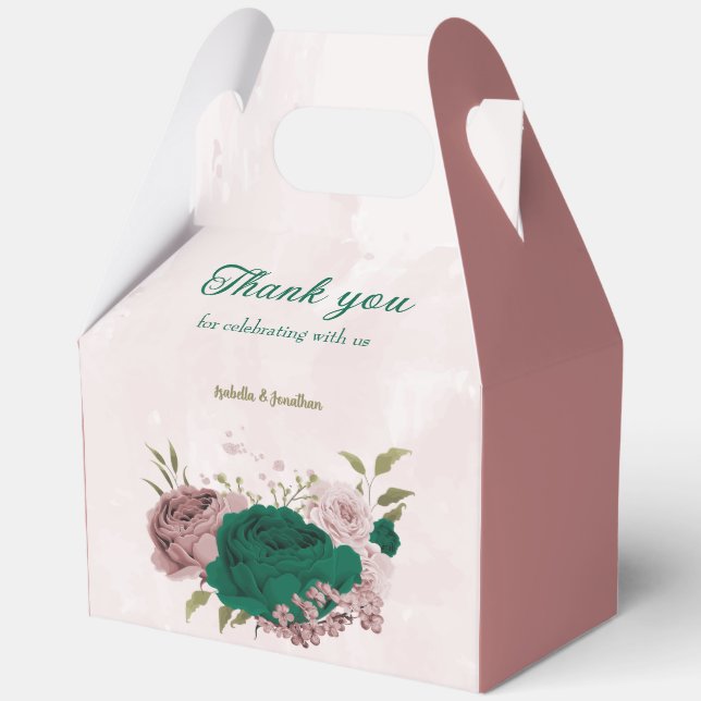 Caja Para Regalos bodas de flores rosadas esmeralda verde (Anverso)