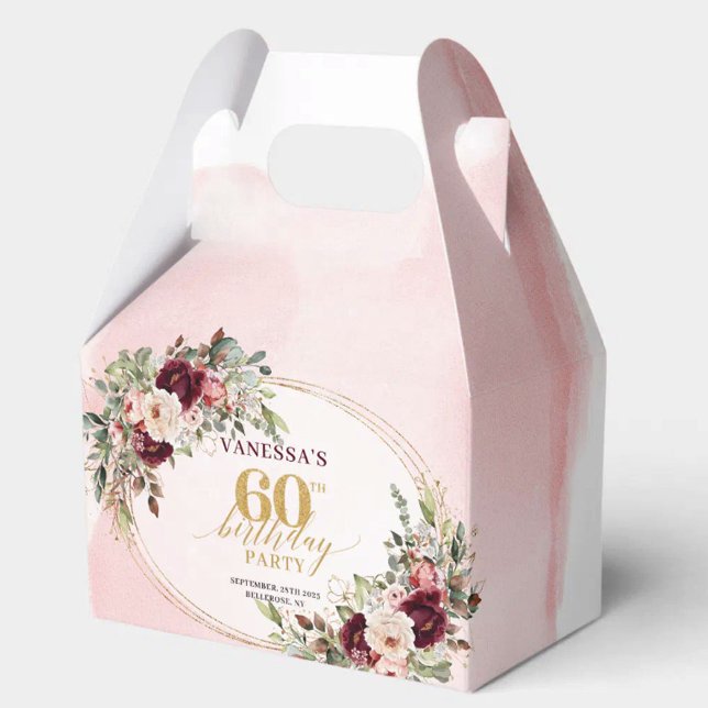 Caja Para Regalos Boho Blush Burgundy Gold Floral 60th Gift Box (Luxurious Boho Burgundy Roses 60th Birthday Favor

)