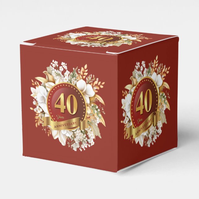 Caja Para Regalos Borgoña Y Floral de oro 40° Aniversario Boda (Costado Anverso)