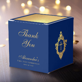 Caja Para Regalos Boy First Communion Blue Faux Gold Crest Thank You