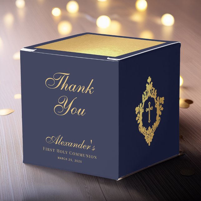 Caja Para Regalos Boy First Communion Navy Blue Gold Crest Thank You (Subido por el creador)