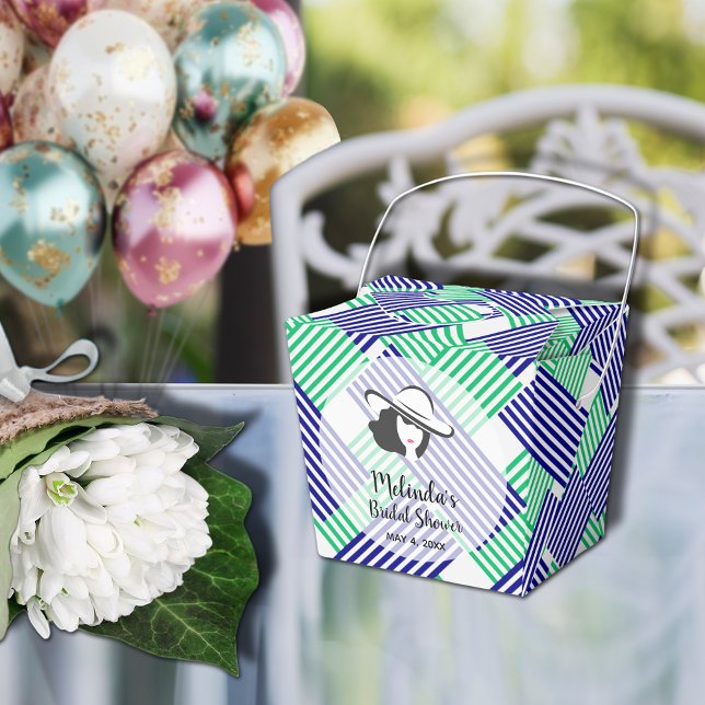 Caja Para Regalos Bridal Shower Navy Green Stripes Taking (Big Derby hat lady on blue and green diagonal stripes takeout style bridal shower favor boxes)