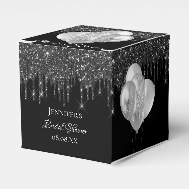 Caja Para Regalos Bridal Shower purpurina de plata negra gotea globo (Costado Anverso)