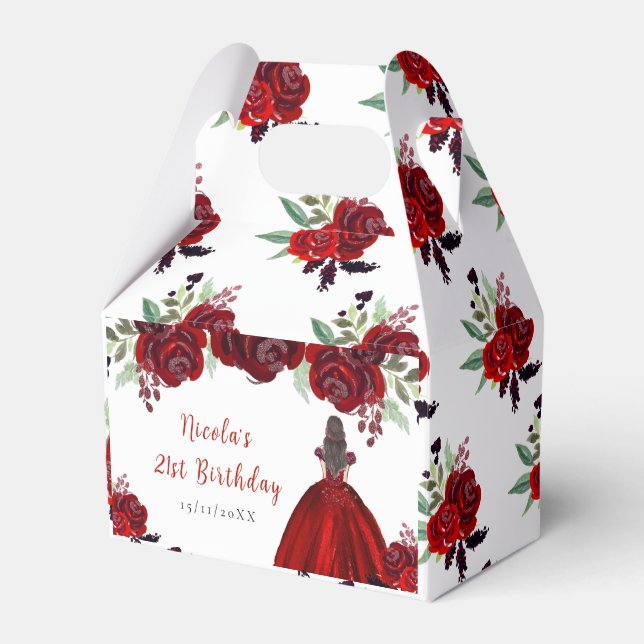 Caja Para Regalos Brown Hair Princess Red Floral Birthday (Front Side)