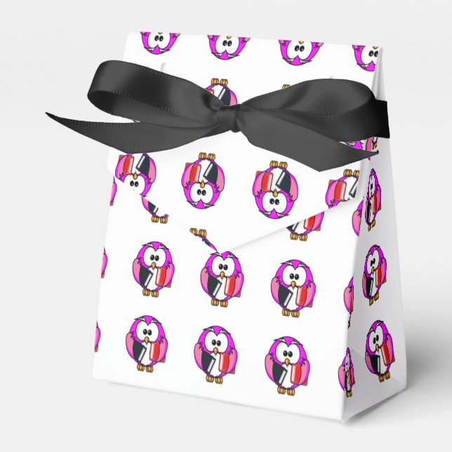 Caja Para Regalos búho rosa y blanco sujetando algunos libros escola (Front Side)