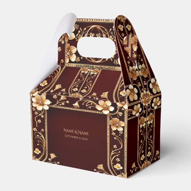 Caja Para Regalos Burgundy Golden Flowers Favor Box (Front Side)