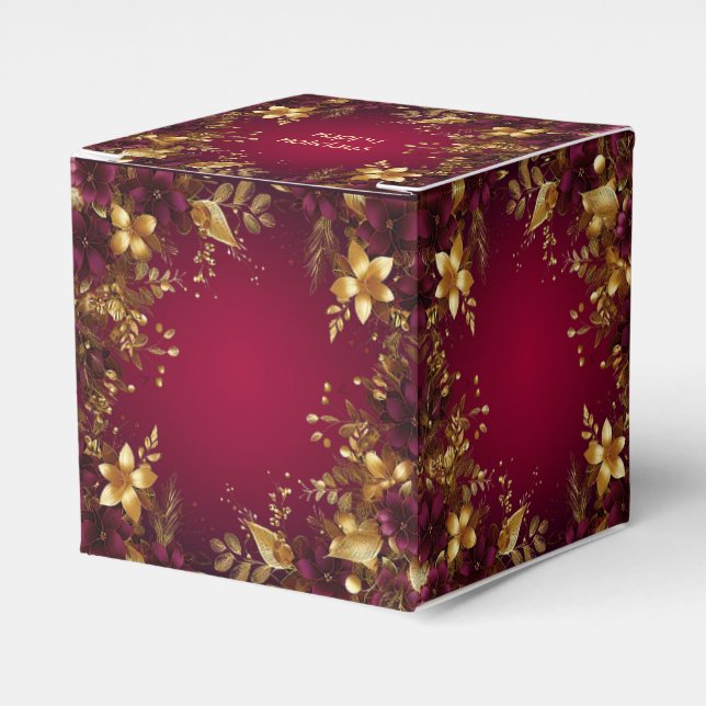 Caja Para Regalos Burgundy Red Gold Flowers Holiday Box (Costado Anverso)