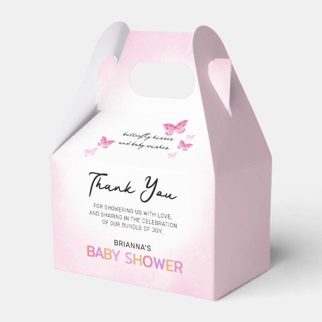 Caja Para Regalos Butterfly besa Baby Shower rosado gracias (Front Side)