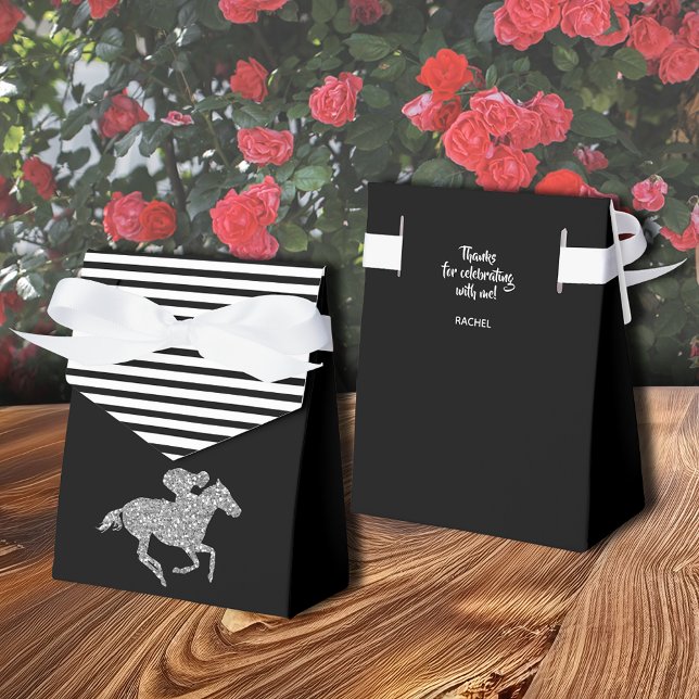 Caja Para Regalos Caballo de carreras con brillo plateado Rayas blan (Silver racehorse tent-style ribbon close favor box with  thank you on the back, 3" x 1.5" x 3.25")