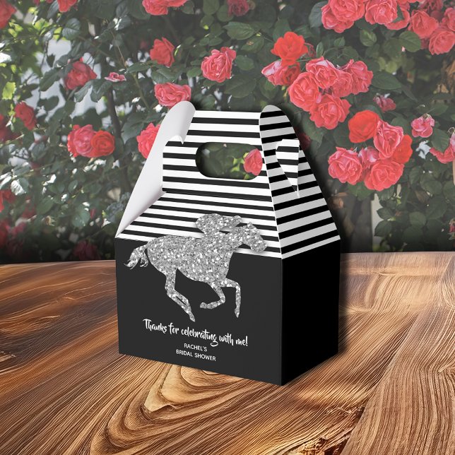 Caja Para Regalos Caballo de carreras de plata Derby Bridal Shower (Silver racehorse gable-style favor box with  thank you on the front, 4"w x 2.5"l x 5"h)