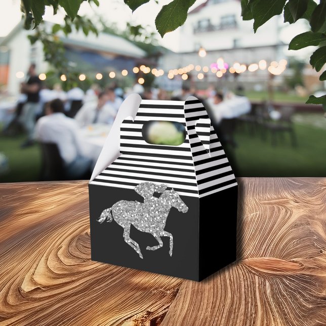 Caja Para Regalos Caballo de carreras plateado con rayas blancas y n (Silver Racehorse Black White Stripes Favor Boxes)
