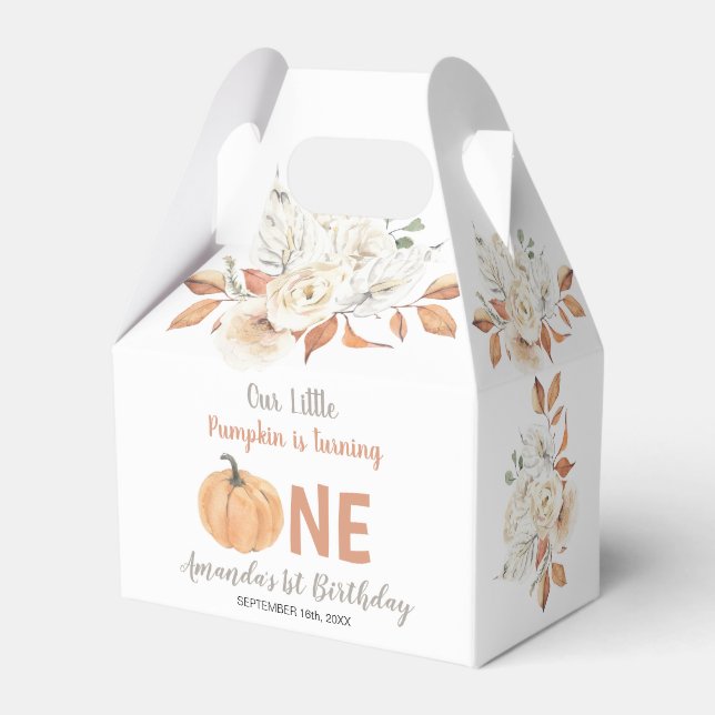 Caja Para Regalos Calabaza naranja Primer cumpleaños floral rústica (Front Side)