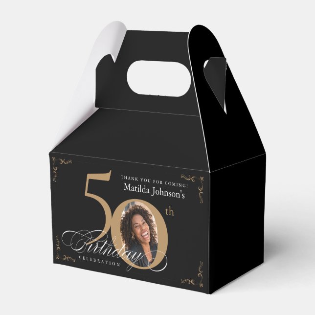 Caja Para Regalos Caligrafía Personalizado de oro negro foto 50 cump (Front Side)