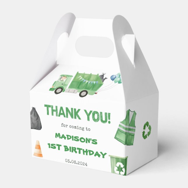 Caja Para Regalos Camión de basura de primer cumpleaños Fiesta (Front Side)